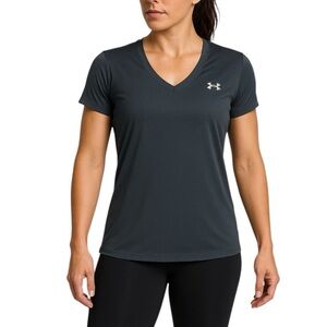 Under Armour Women’s HeatGear V-Neck T-Shirt Dark Gray Gym Running Workout